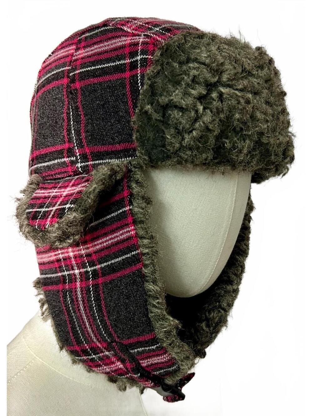 Dakota Dan Trapper Hat Pink Black Plaid Faux Fur Ear Flap Y2K Winter Aviator